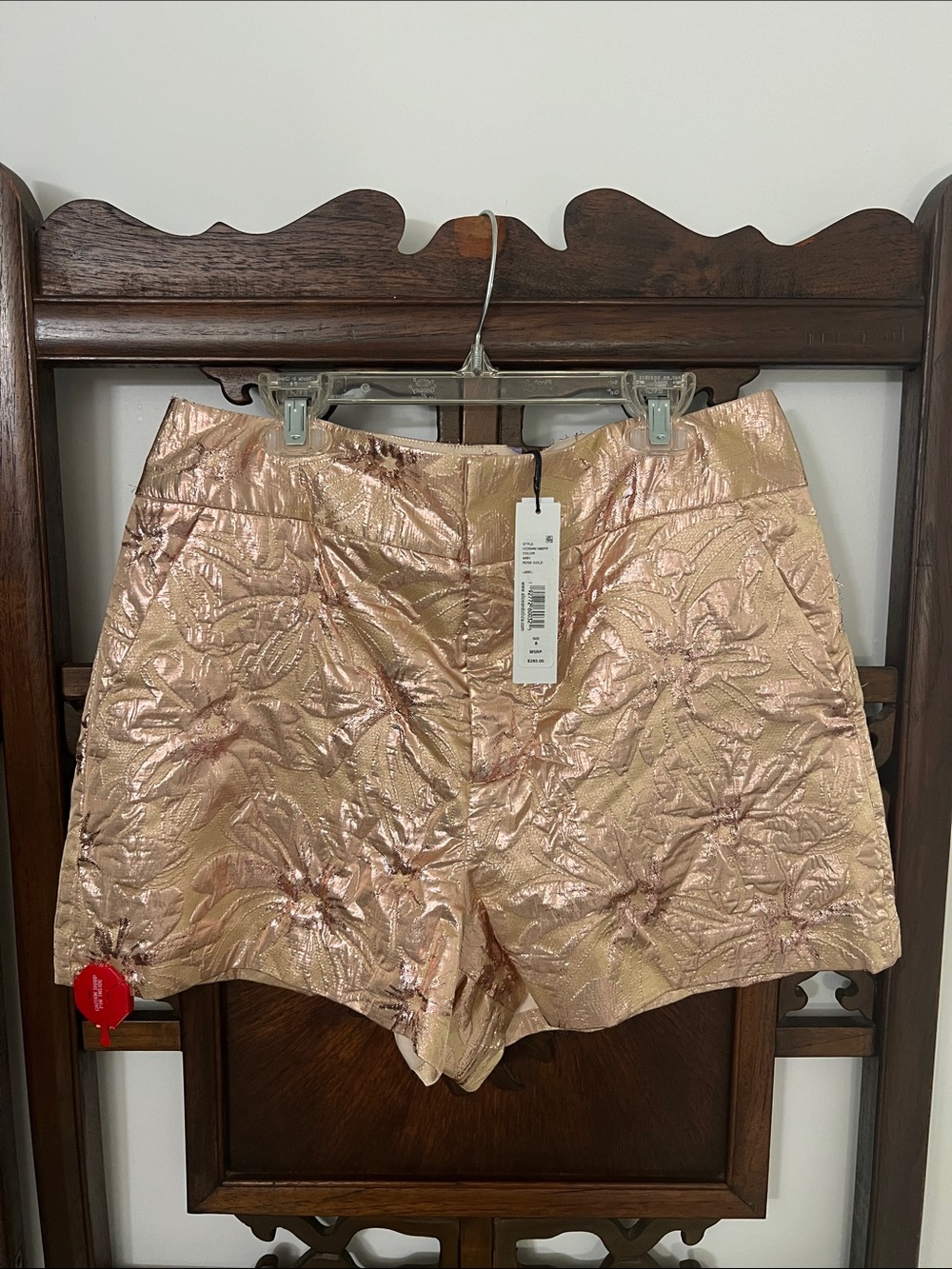 Alice + Olivia Metallic Rose Gold Embossed Floral High-Waist Shorts